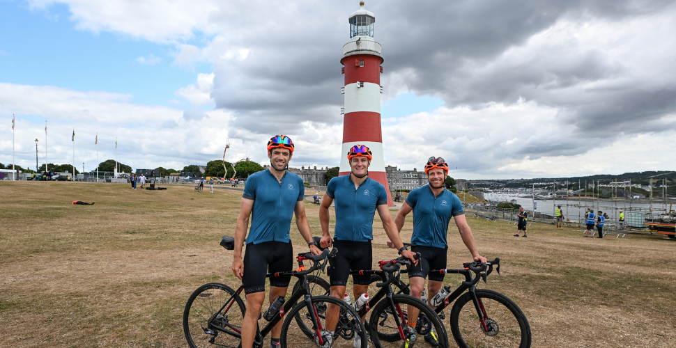 The Great Britain SailGP Team arrive in Plymouth (L-R): Matt Gotrel, Neil Hunter, & Luke Parkinson.
